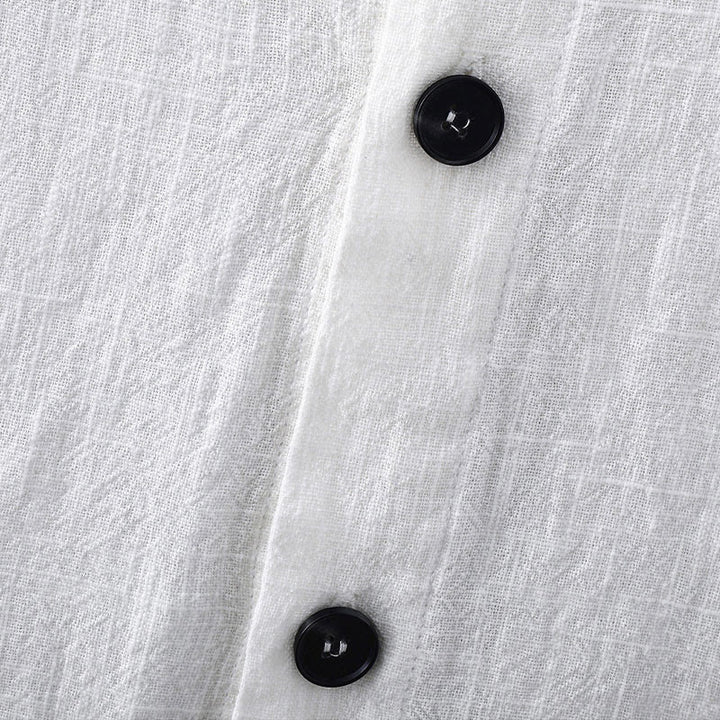 Buddha Stones Summer Casual Solid Color Button Design Stand Collar Men's Short Sleeve Cotton Linen Shirt WIth Pockets