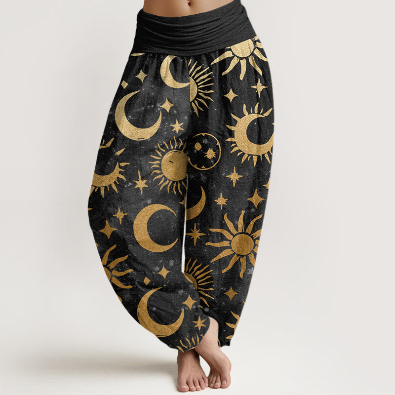 Buddha Stones Cotton Crescent Moon Sun Stars Pattern Design Women's Elastic Waist Harem Pants - Black - US22，UK/AU26，EU54 (6XL) - image 0