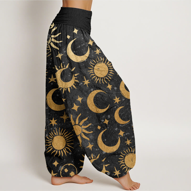 Buddha Stones Cotton Crescent Moon Sun Stars Pattern Design Women's Elastic Waist Harem Pants - image 2