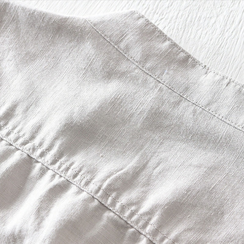 Buddha Stones Solid Color Half Button Design Stand Collar Men's Short Sleeve Cotton Linen Shirt - image 3