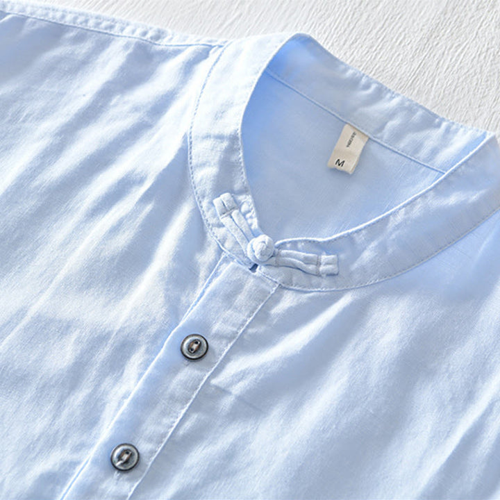 Buddha Stones Solid Color Half Button Design Stand Collar Men's Short Sleeve Cotton Linen Shirt - image 19