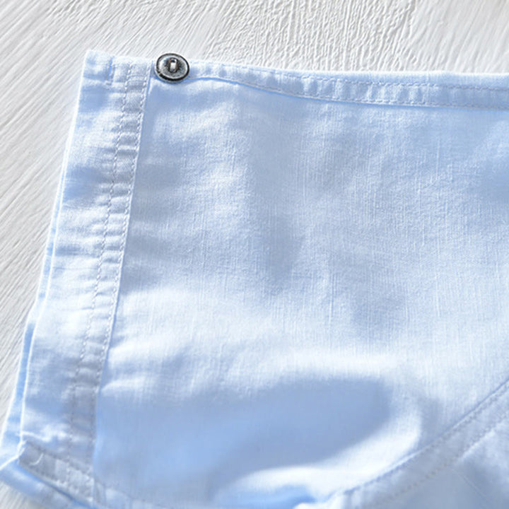 Buddha Stones Solid Color Half Button Design Stand Collar Men's Short Sleeve Cotton Linen Shirt - image 21