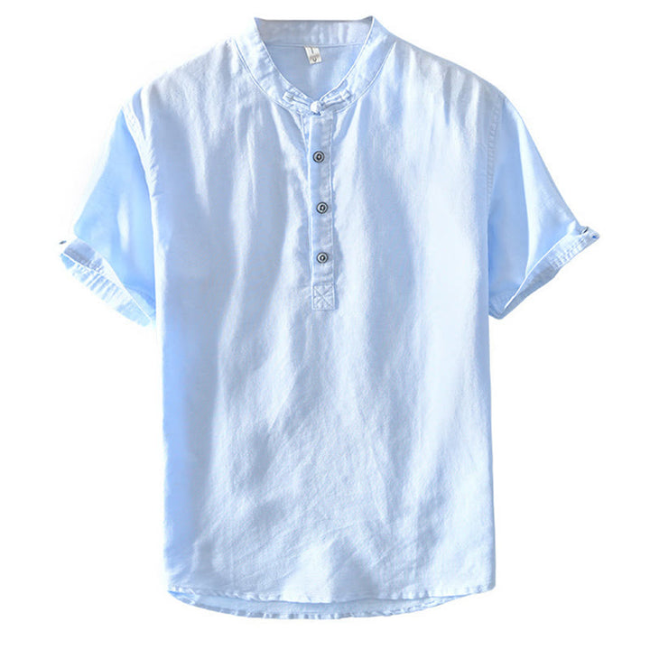 Buddha Stones Solid Color Half Button Design Stand Collar Men's Short Sleeve Cotton Linen Shirt - image 22