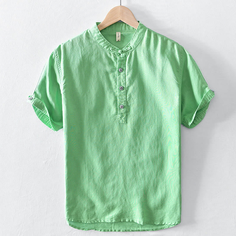 Buddha Stones Solid Color Half Button Design Stand Collar Men's Short Sleeve Cotton Linen Shirt - MediumSpringGreen - US/UK/AU46，EU56 (5XL) - image 13