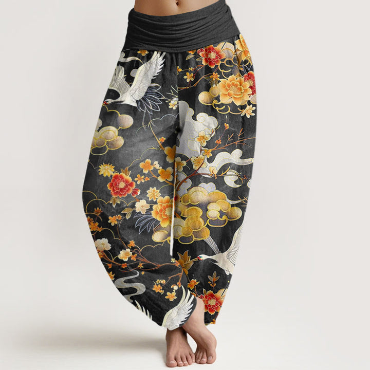 Buddha Stones Cotton Auspicious Clouds White Cranes Red Flowers Pattern Design Women's Elastic Waist Harem Pants - Black - US22，UK/AU26，EU54 (6XL) - image 4