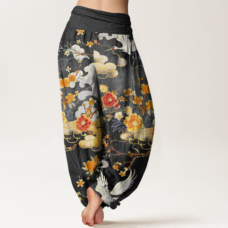Buddha Stones Cotton Auspicious Clouds White Cranes Red Flowers Pattern Design Women's Elastic Waist Harem Pants - image 5