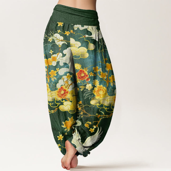 Buddha Stones Cotton Auspicious Clouds White Cranes Red Flowers Pattern Design Women's Elastic Waist Harem Pants - image 8