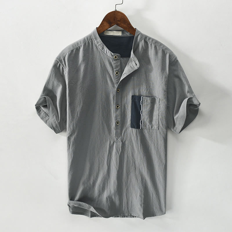 Buddha Stones Color Contrast Half Button Men's Short Sleeve Cotton Linen Shirt With Pocket - Gray - US/UK/AU42，EU52 (3XL) - image 7