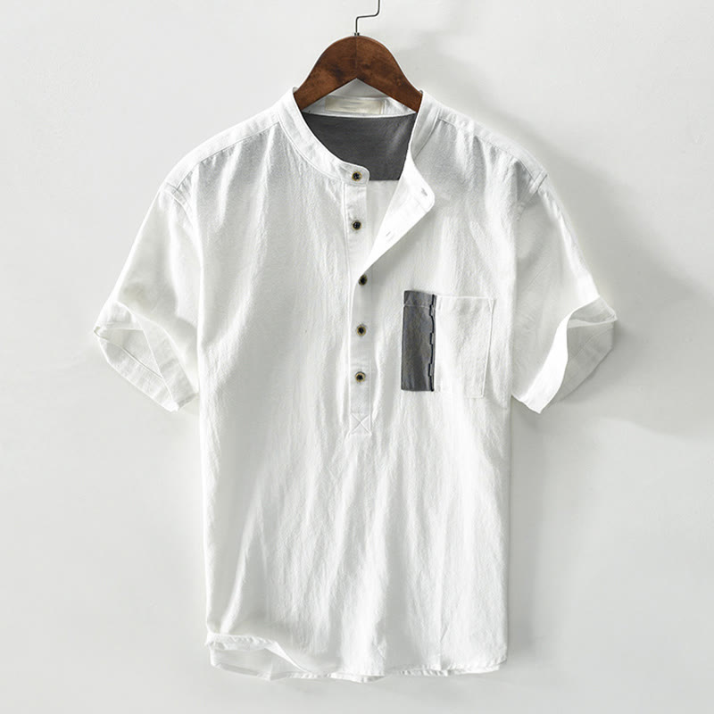 Buddha Stones Color Contrast Half Button Men's Short Sleeve Cotton Linen Shirt With Pocket - White - US/UK/AU42，EU52 (3XL) - image 0