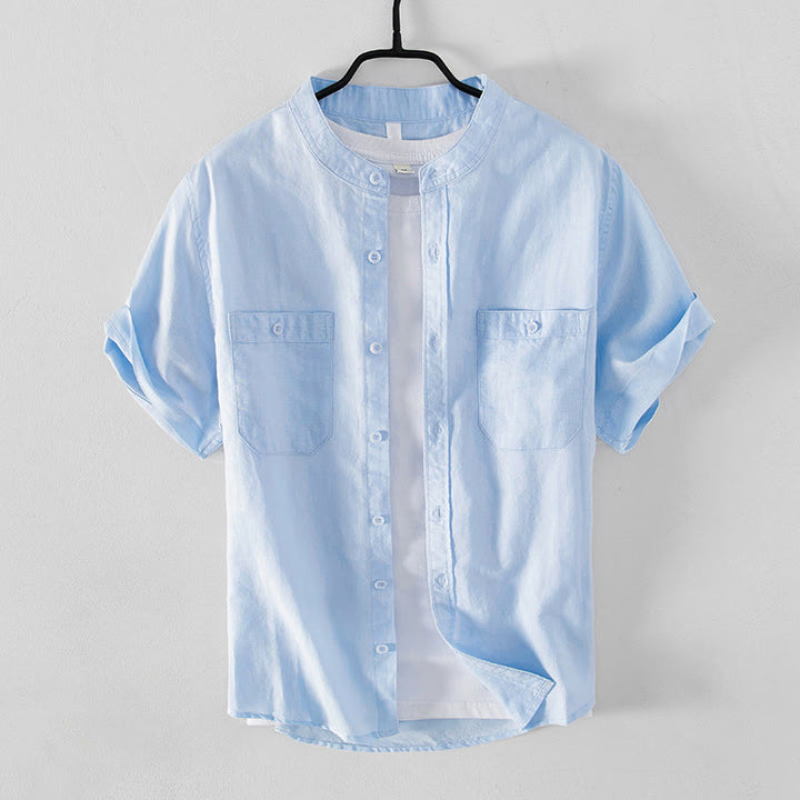 Buddha Stones Casual Daily Simple Buttons Design Stand Collar Men's Short Sleeve Cotton Linen Shirt With Front Pockets - LightSkyBlue - US/UK/AU42，EU52 (3XL) - image 0
