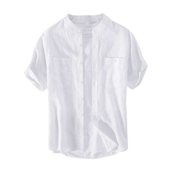 Buddha Stones Casual Daily Simple Buttons Design Stand Collar Men's Short Sleeve Cotton Linen Shirt With Front Pockets - image 7