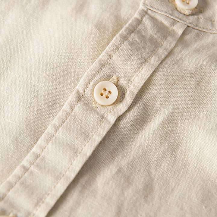 Buddha Stones Casual Daily Simple Buttons Design Stand Collar Men's Short Sleeve Cotton Linen Shirt With Front Pockets - image 12