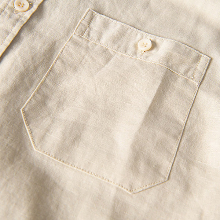 Buddha Stones Casual Daily Simple Buttons Design Stand Collar Men's Short Sleeve Cotton Linen Shirt With Front Pockets - image 13