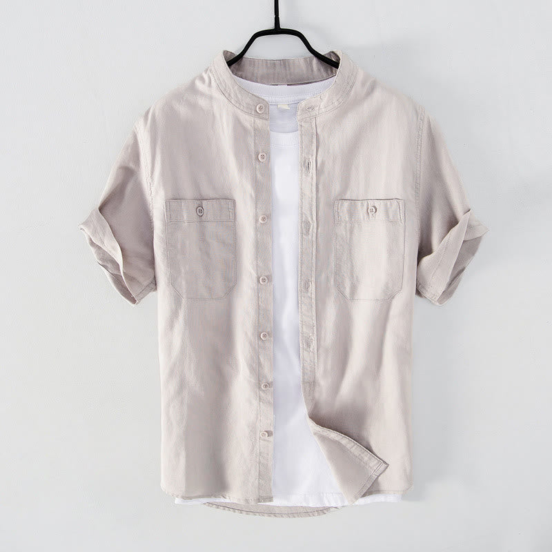 Buddha Stones Casual Daily Simple Buttons Design Stand Collar Men's Short Sleeve Cotton Linen Shirt With Front Pockets - Linen - US/UK/AU42，EU52 (3XL) - image 8