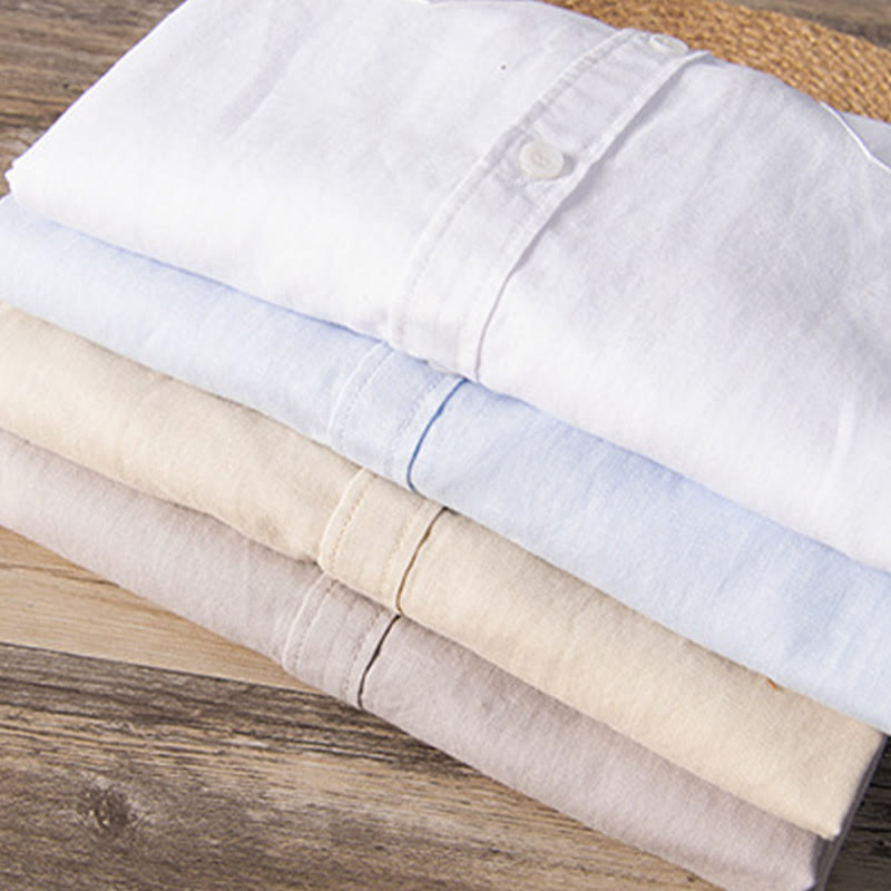 Buddha Stones Casual Daily Simple Buttons Design Stand Collar Men's Short Sleeve Cotton Linen Shirt With Front Pockets - image 18