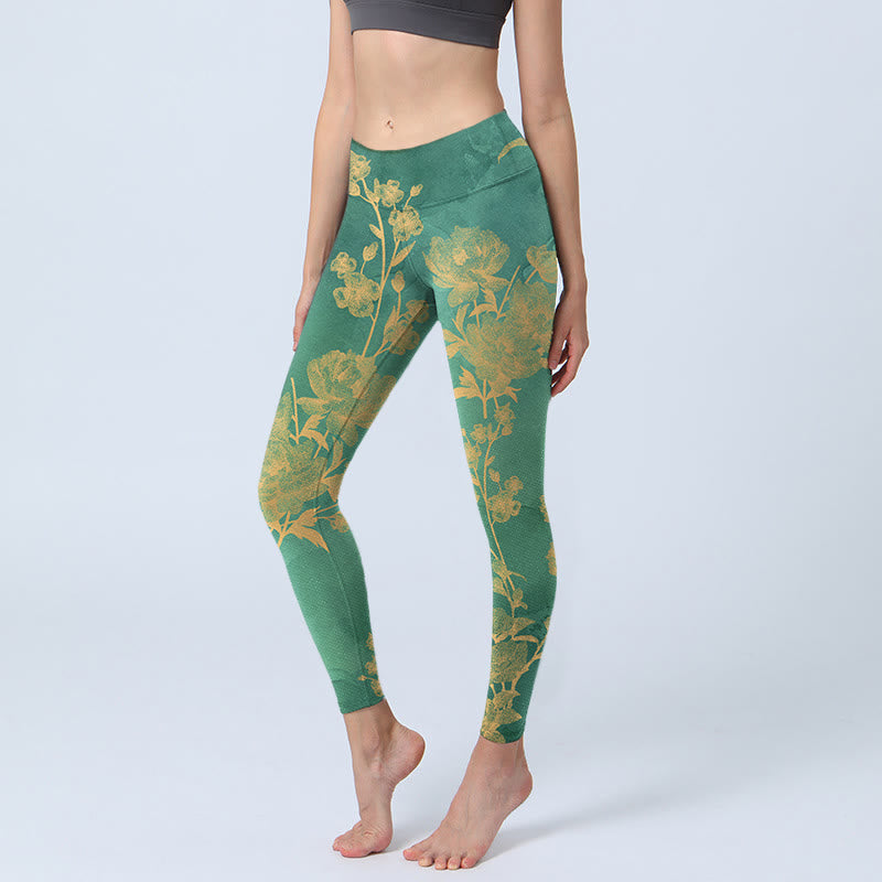 Buddha Stones Green Background Golden Branches Peony Flowers Pattern Print Gym Leggings Women's Yoga Pants - MediumSeaGreen - US18，UK/AU22，EU50 (4XL) - image 0