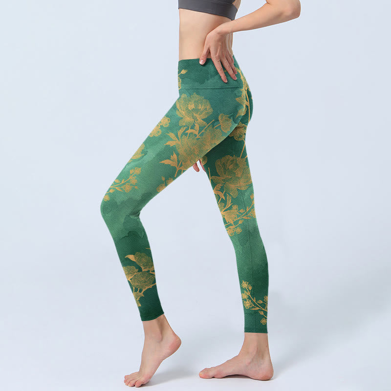 Buddha Stones Green Background Golden Branches Peony Flowers Pattern Print Gym Leggings Women's Yoga Pants - image 2