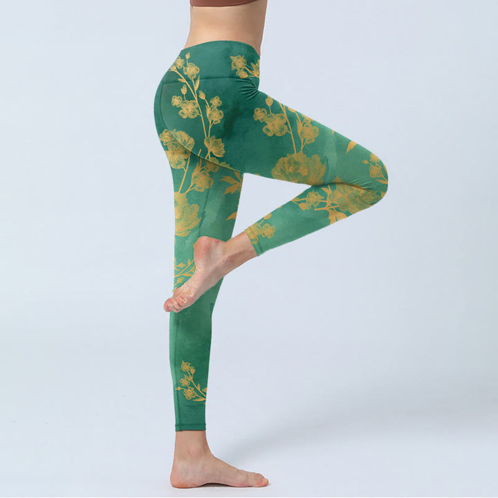 Buddha Stones Green Background Golden Branches Peony Flowers Pattern Print Gym Leggings Women's Yoga Pants - image 3
