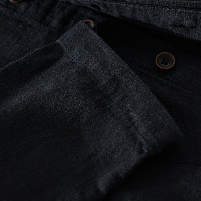 Buddha Stones Spring Daily Simple Buttons Design Stand Collar Men's Long Sleeve Cotton Linen Shirt With Pockets - image 9