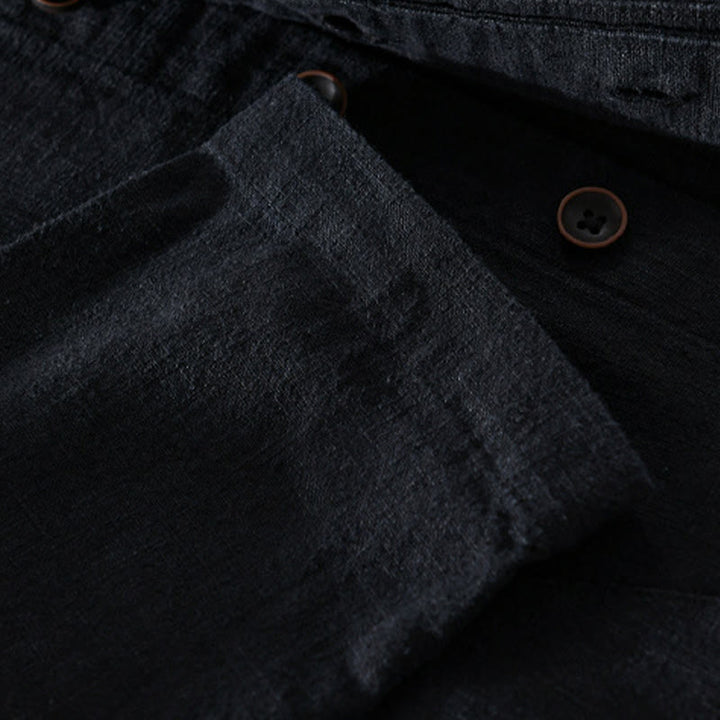 Buddha Stones Spring Daily Simple Buttons Design Stand Collar Men's Long Sleeve Cotton Linen Shirt With Pockets - image 9