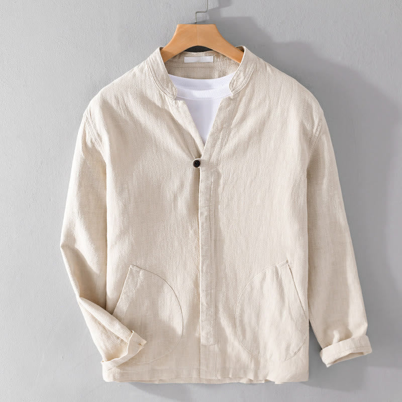Buddha Stones Spring Daily Simple Buttons Design Stand Collar Men's Long Sleeve Cotton Linen Shirt With Pockets - image 1