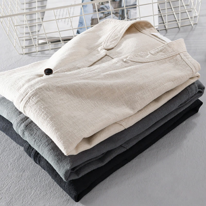 Buddha Stones Spring Daily Simple Buttons Design Stand Collar Men's Long Sleeve Cotton Linen Shirt With Pockets - image 23