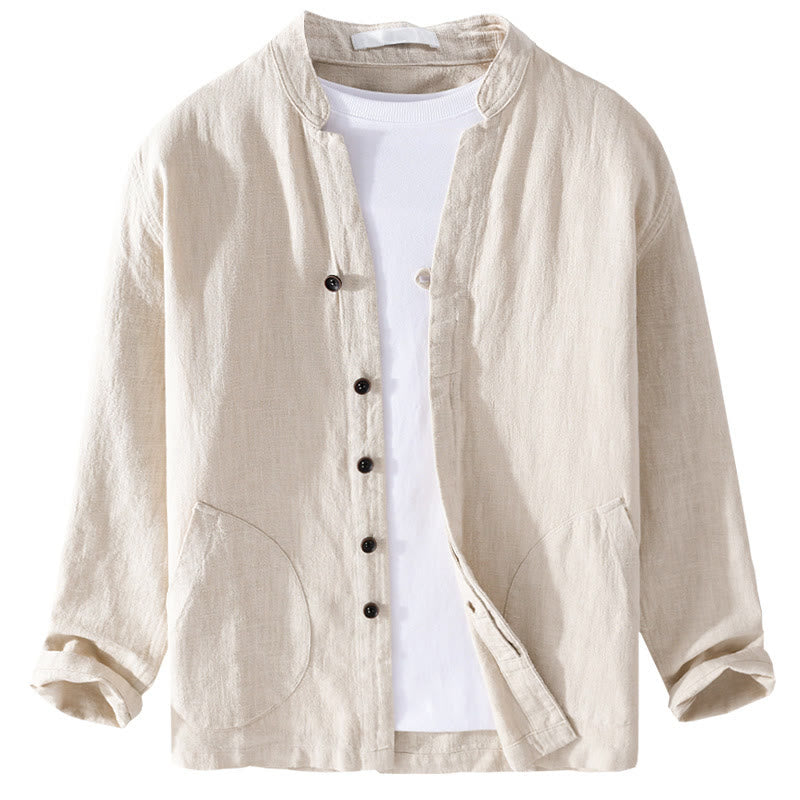 Buddha Stones Spring Daily Simple Buttons Design Stand Collar Men's Long Sleeve Cotton Linen Shirt With Pockets - image 7