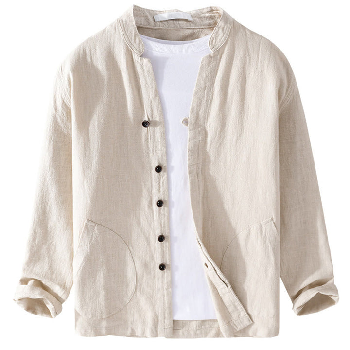 Buddha Stones Spring Daily Simple Buttons Design Stand Collar Men's Long Sleeve Cotton Linen Shirt With Pockets - image 7