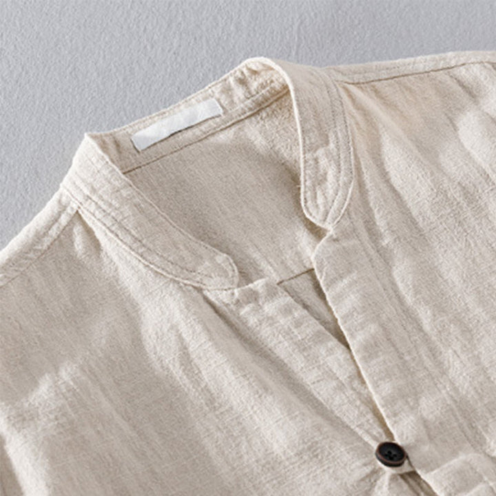 Buddha Stones Spring Daily Simple Buttons Design Stand Collar Men's Long Sleeve Cotton Linen Shirt With Pockets - image 2