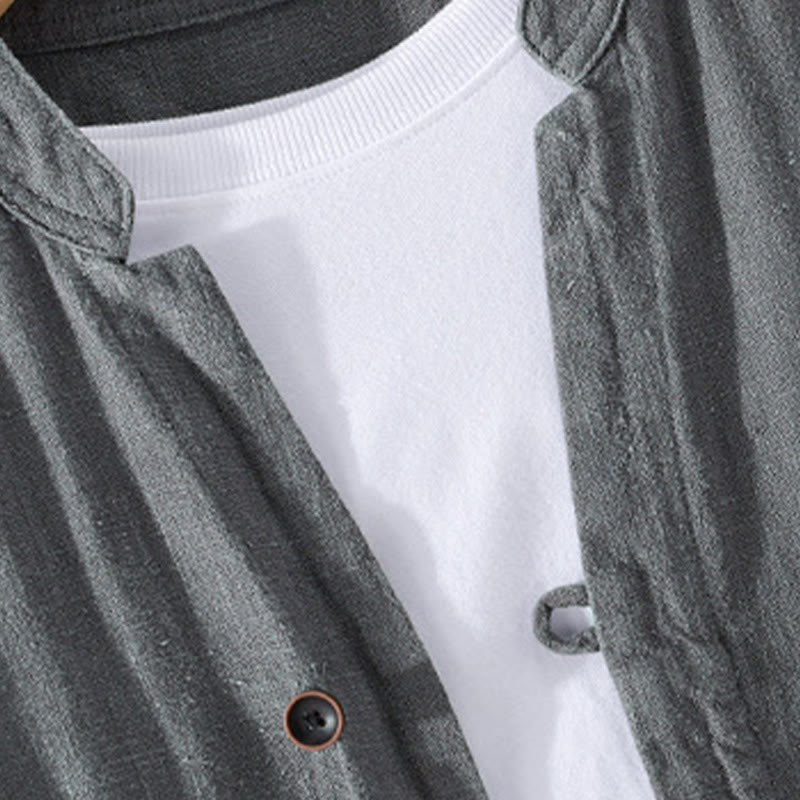 Buddha Stones Spring Daily Simple Buttons Design Stand Collar Men's Long Sleeve Cotton Linen Shirt With Pockets - image 17