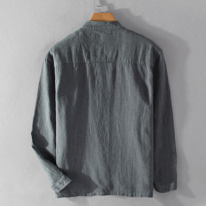 Buddha Stones Spring Daily Simple Buttons Design Stand Collar Men's Long Sleeve Cotton Linen Shirt With Pockets - image 15