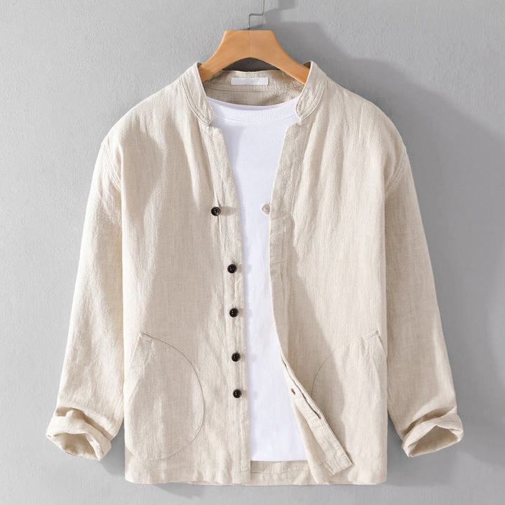 Buddha Stones Spring Daily Simple Buttons Design Stand Collar Men's Long Sleeve Cotton Linen Shirt With Pockets - Beige - US/UK/AU42，EU52 (3XL) - image 0