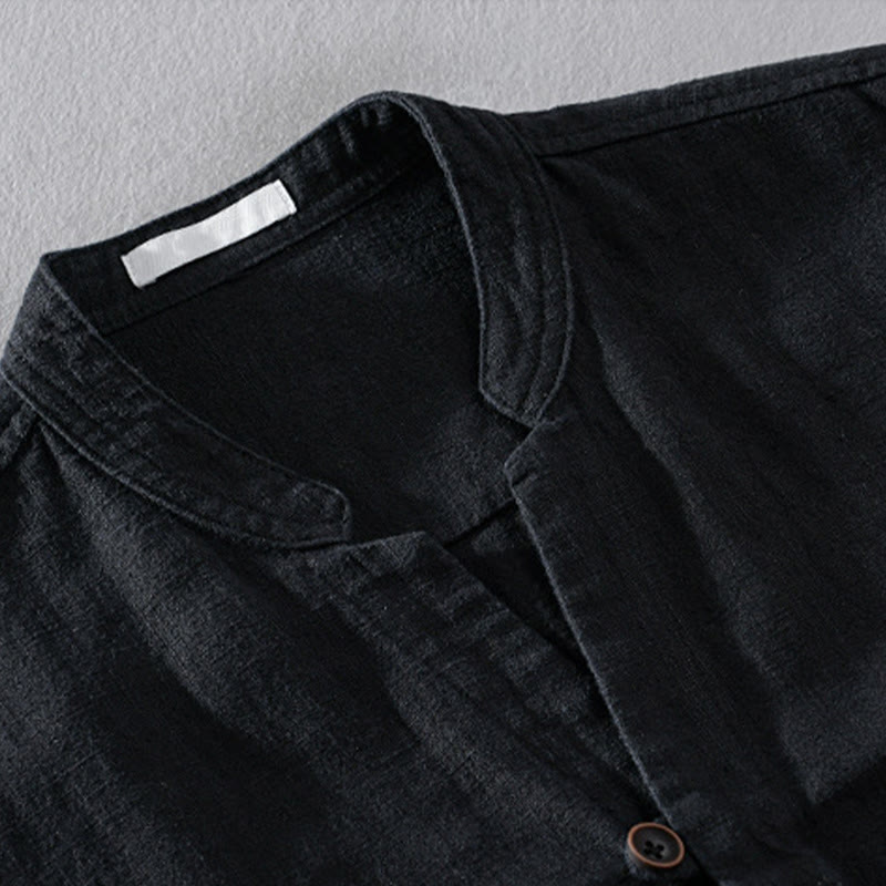 Buddha Stones Spring Daily Simple Buttons Design Stand Collar Men's Long Sleeve Cotton Linen Shirt With Pockets - image 10