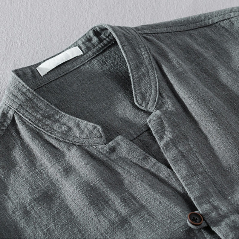 Buddha Stones Spring Daily Simple Buttons Design Stand Collar Men's Long Sleeve Cotton Linen Shirt With Pockets - image 20