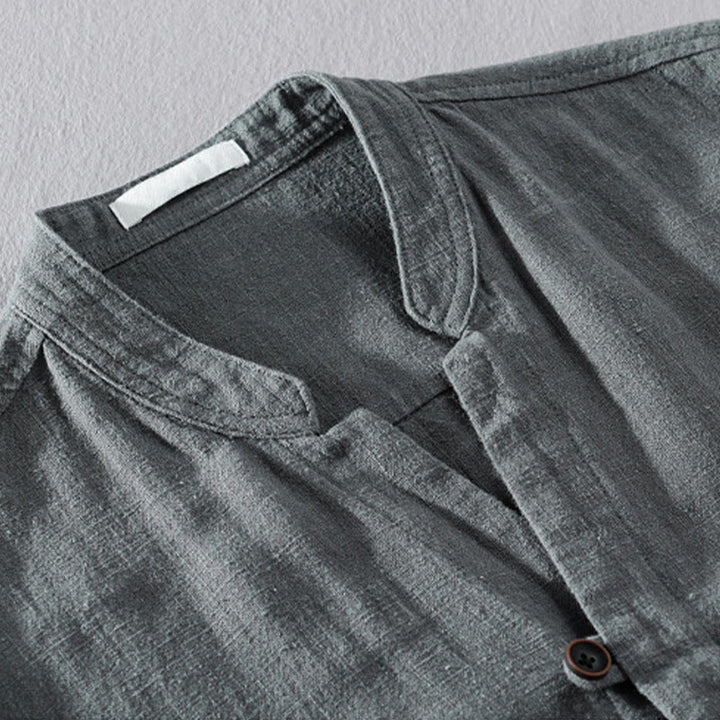 Buddha Stones Spring Daily Simple Buttons Design Stand Collar Men's Long Sleeve Cotton Linen Shirt With Pockets - image 20