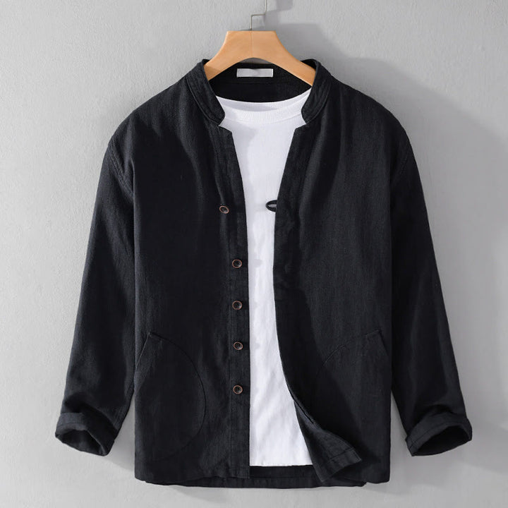 Buddha Stones Spring Daily Simple Buttons Design Stand Collar Men's Long Sleeve Cotton Linen Shirt With Pockets - Black - US/UK/AU42，EU52 (3XL) - image 8