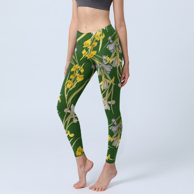 Buddha Stones Green Iris Pattern Print Gym Leggings Women's Yoga Pants - ForestGreen - US18，UK/AU22，EU50 (4XL) - image 0