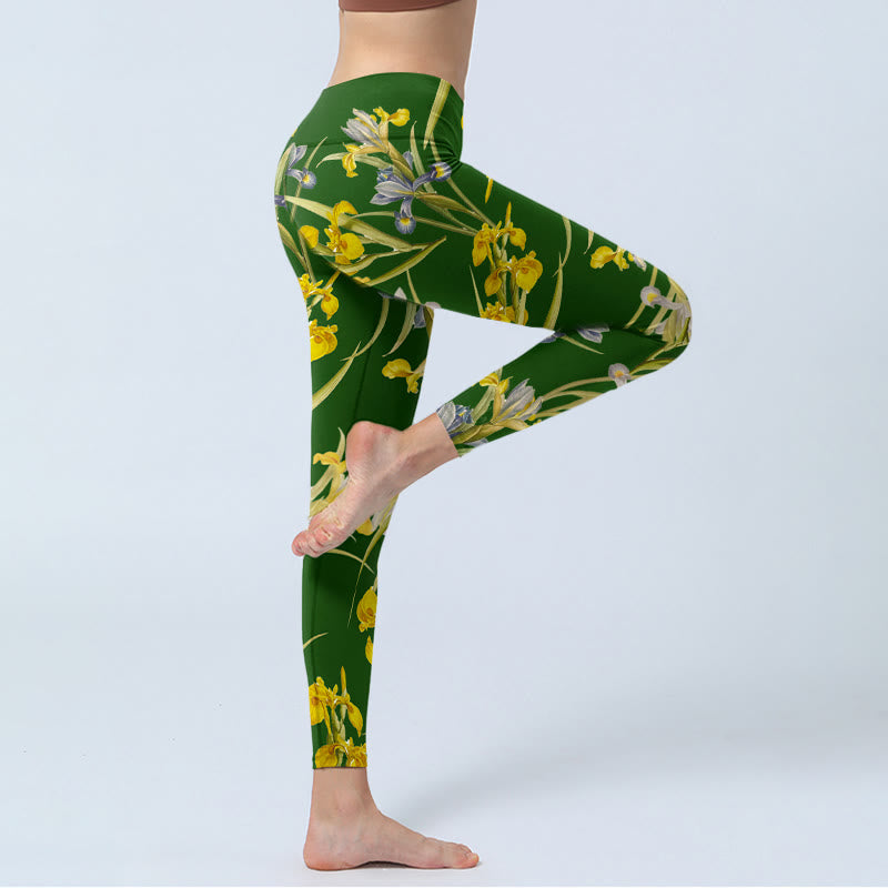 Buddha Stones Green Iris Pattern Print Gym Leggings Women's Yoga Pants - image 3