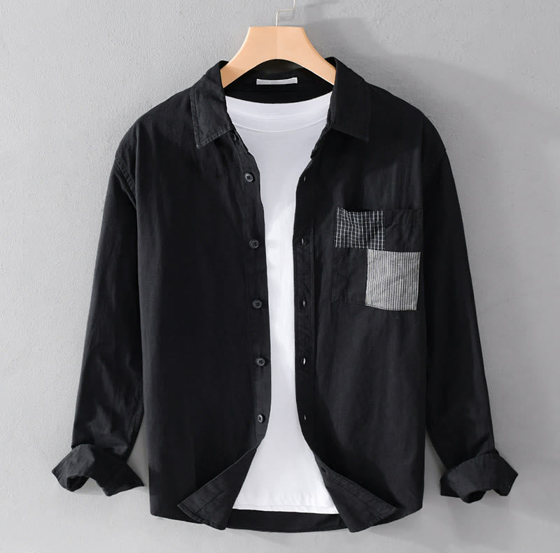 Buddha Stones Spring Daily Line Patchwork Design Lapel Men's Long Sleeve Cotton Linen Shirt With Pockets - Black - US/UK/AU42，EU52 (3XL) - image 15
