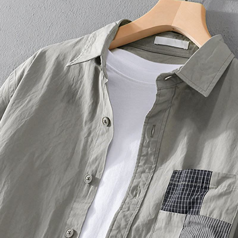 Buddha Stones Spring Daily Line Patchwork Design Lapel Men's Long Sleeve Cotton Linen Shirt With Pockets - image 1