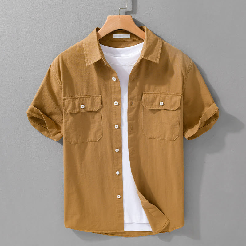 Buddha Stones Daily Pure Color Lapel Men's Short Sleeve Cotton Linen Shirt With Pockets - Goldenrod - US/UK/AU42，EU52 (3XL) - image 13