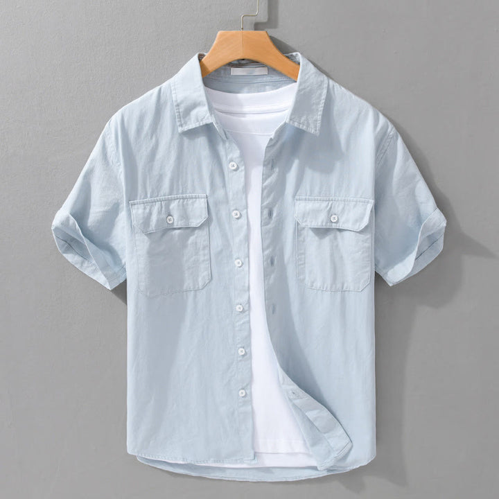 Buddha Stones Daily Pure Color Lapel Men's Short Sleeve Cotton Linen Shirt With Pockets - LightBlue - US/UK/AU42，EU52 (3XL) - image 2