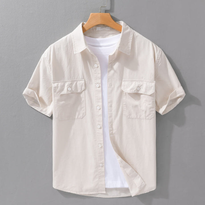 Buddha Stones Daily Casual Pure Color Lapel Men's Short Sleeve Cotton Linen Shirt With Pockets - Beige - US/UK/AU42，EU52 (3XL) - image 0