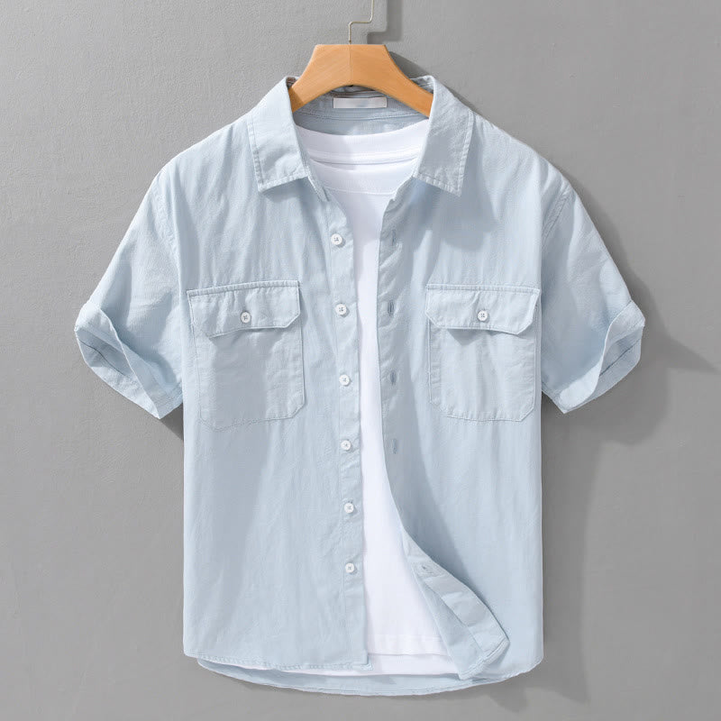 Buddha Stones Daily Casual Pure Color Lapel Men's Short Sleeve Cotton Linen Shirt With Pockets - LightBlue - US/UK/AU42，EU52 (3XL) - image 2