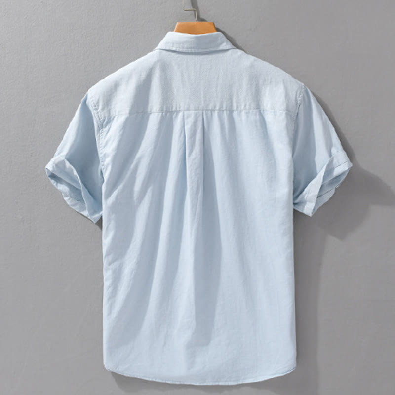 Buddha Stones Daily Casual Pure Color Lapel Men's Short Sleeve Cotton Linen Shirt With Pockets - image 3