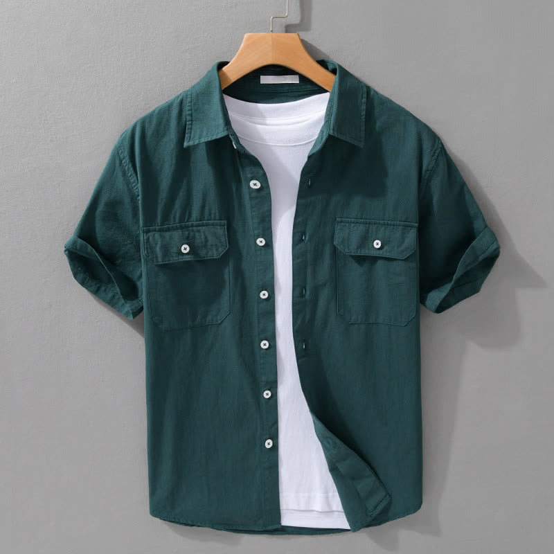 Buddha Stones Daily Pure Color Lapel Men's Short Sleeve Cotton Linen Shirt With Pockets - DarkSlateGray - US/UK/AU42，EU52 (3XL) - image 9