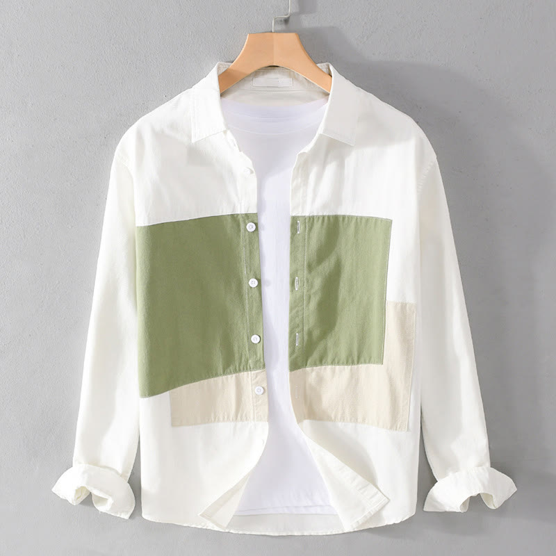 Buddha Stones Spring Stitching Contrast Color Lapel Long Sleeve Button Design Men's Cotton Linen Shirt With Pockets - YellowGreen - US/UK/AU42，EU52 (3XL) - image 10