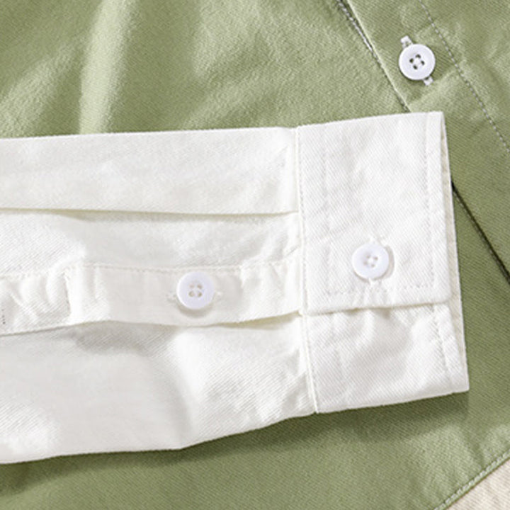 Buddha Stones Spring Stitching Contrast Color Lapel Long Sleeve Button Design Men's Cotton Linen Shirt With Pockets - image 11