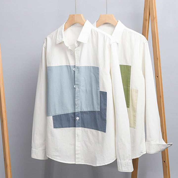 Buddha Stones Spring Stitching Contrast Color Lapel Long Sleeve Button Design Men's Cotton Linen Shirt With Pockets - image 14