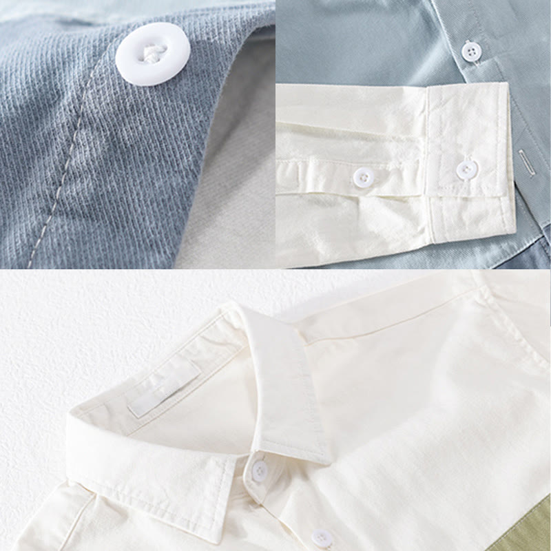 Buddha Stones Spring Stitching Contrast Color Lapel Long Sleeve Button Design Men's Cotton Linen Shirt With Pockets - image 8